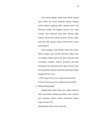 23
Pintu bawah panggul adalah batas bawah panggul
sejati, dilihat dari bawah berbentuk lonjong, dibagian
anterior dibatasi lengkung pubis, dibagian lateral oleh
tuberositas iskium, dan dibagian posterior oleh ujung
koksigis. Pada kehamilan tahap akhir, koksigis dapat
bergerak (kecuali jika struktur itu patah, misalnya akibat
jatuh dan telah menyatu dengan sakrum ketika sedang
penyembuhan).
Pada ketinggian yang berbeda, bentuk dan saluran
ukuran panggul juga berbeda diameter4 bidang pintu
atas, panggul tengah, pintu bawah, dan sumbu jalan lahir
menentukan mungkin tidaknya persalinan pervagina
berlangsung dan bagaimana janin dapat menuruni jalan
lahir (pergerakan kardinal mekanisme persalinan). Ruang
panggul (Pelvik Cavity).
1) Pelvis mayor (false pelvic), diatas linea terminalis.
2) Pelvis minor (true pelvic), dibawah linea terminalis.
b. Bidang-bidang panggul
Bidang hodge adalah bidan semu sebagai pedoman
untuk menentukan kemajuan persalinan yaitu, seberapa
jauh penurunan kepala melalui pemeriksaan dalam/
vaginal toucher (VT).
Bidang hodge terbagi empat antara lain :
 