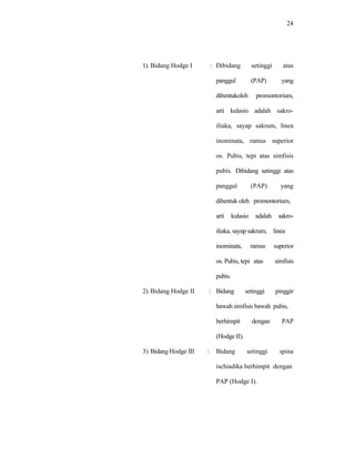 24
1) Bidang Hodge I : Dibidang setinggi atas
panggul (PAP) yang
dibentukoleh promontorium,
arti kulasio adalah sakro-
iliaka, sayap sakrum, linea
inominata, ramus superior
os. Pubis, tepi atas simfisis
pubis. Dibidang setinggi atas
panggul (PAP) yang
dibentuk oleh promontorium,
arti kulasio adalah sakro-
iliaka, sayap sakrum, linea
inominata, ramus superior
os. Pubis, tepi atas simfisis
pubis.
2) Bidang Hodge II : Bidang setinggi pinggir
bawah simfisis bawah pubis,
berhimpit dengan PAP
(Hodge II).
3) Bidang Hodge III : Bidang setinggi spina
ischiadika berhimpit dengan
PAP (Hodge I).
 