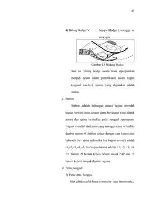 25
4) Bidang Hodge IV : Sejajar Hodge I, setinggi os
coccygis
Gambar 2.1 Bidang Hodge
Saat ini bidang hodge sudah tidak dipergunakan
menjadi acuan dalam pemeriksaan dalam vagina
(vaginal taucher), namun yang digunakan adalah
station.
c. Station
Station adalah hubungan antara bagian terendah
bagian bawah janin dengan garis bayangan yang ditarik
antara dua spina ischiadika pada panggul perempuan.
Bagian terendah dari janin yang setinggi spina ischiadika
disebut station 0. Station diukur dengan cara keatas atau
kebawah dari spina ischiadika dan bagian atasnya adalah
-1, -2, -3, -4, -5, dan bagian bawah adalah +1, +2, +3, +4,
+5. Station -5 berarti kepala belum masuk PAP dan +5
berarti kepala tampak dipintu vagina.
d. Pintu panggul
1) Pintu Atas Panggul
Inlet dibatasi oleh linea terminalis (linea innominata).
 