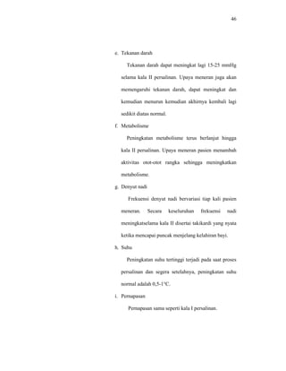 46
e. Tekanan darah
Tekanan darah dapat meningkat lagi 15-25 mmHg
selama kala II persalinan. Upaya meneran juga akan
memengaruhi tekanan darah, dapat meningkat dan
kemudian menurun kemudian akhirnya kembali lagi
sedikit diatas normal.
f. Metabolisme
Peningkatan metabolisme terus berlanjut hingga
kala II persalinan. Upaya meneran pasien menambah
aktivitas otot-otot rangka sehingga meningkatkan
metabolisme.
g. Denyut nadi
Frekuensi denyut nadi bervariasi tiap kali pasien
meneran. Secara keseluruhan frekuensi nadi
meningkatselama kala II disertai takikardi yang nyata
ketika mencapai puncak menjelang kelahiran bayi.
h. Suhu
Peningkatan suhu tertinggi terjadi pada saat proses
persalinan dan segera setelahnya, peningkatan suhu
normal adalah 0,5-1°C.
i. Pernapasan
Pernapasan sama seperti kala I persalinan.
 