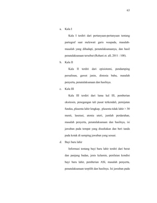 63
a. Kala I
Kala I terdiri dari pertanyaan-pertanyaan tentang
partograf saat melewati garis waspada, masalah-
masalah yang dihadapi, penatalaksanaanya, dan hasil
penatalaksanaan tersebut (Rohani et. all, 2011 : 108).
b. Kala II
Kala II terdiri dari episiotomi, pendamping
persalinan, gawat janin, distosia bahu, masalah
penyerta, penatalaksanaan dan hasilnya.
c. Kala III
Kala III terdiri dari lama kal III, pemberian
oksitosin, penegangan tali pusat terkendali, pemijatan
fundus, plasenta lahir lengkap, plasenta tidak lahir > 30
menit, laserasi, atonia uteri, jumlah perdarahan,
masalah penyerta, penatalaksanaan dan hasilnya, isi
jawaban pada tempat yang disediakan dan beri tanda
pada kotak di samping jawaban yang sesuai.
d. Bayi baru lahir
Informasi tentang bayi baru lahir terdiri dari berat
dan panjang badan, jenis kelamin, penilaian kondisi
bayi baru lahir, pemberian ASI, masalah penyerta,
penatalaksanaan terpilih dan hasilnya. Isi jawaban pada
 