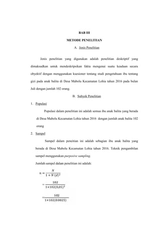 BAB III
METODE PENELITIAN
A. Jenis Penelitian
Jenis penelitian yang digunakan adalah penelitian deskriptif yang
dimaksudkan untuk mendeskripsikan fakta mengenai suatu keadaan secara
obyektif dengan menggunakan kuesioner tentang studi pengetahuan ibu tentang
gizi pada anak balita di Desa Mabolu Kecamatan Lohia tahun 2016 pada bulan
Juli dengan jumlah 102 orang.
B. Subyek Penelitian
1. Populasi
Populasi dalam penelitian ini adalah semua ibu anak balita yang berada
di Desa Mabolu Kecamatan Lohia tahun 2016 dengan jumlah anak balita 102
orang
2. Sampel
Sampel dalam peneitian ini adalah sebagian ibu anak balita yang
berada di Desa Mabolu Kecamatan Lohia tahun 2016. Teknik pengambilan
sampel menggunakan purposive sampling.
Jumlah sampel dalam penelitian ini adalah:
=
1 + ( )
=
( , )
=
( , )
 