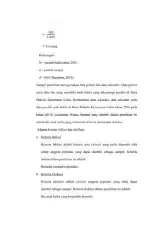=
,
= 81 orang
Keterangan :
N = jumlah balita tahun 2016
n = jumlah sampel
d = 0,05 (Nursalam, 2016).
Sampel penelitian menggunakan data primer dan data sekunder. Data primer
yaitu data ibu yang memiliki anak balita yang dikunjungi penulis di Desa
Mabolu Kecamatan Lohia. Berdasarkan data sekunder, data sekunder yaitu
data jumlah anak balita di Desa Mabolu Kecamatan Lohia tahun 2016 pada
bulan juli di puskesmas Waara. Sampel yang diambil dalam penelitian ini
adalah ibu anak balita yang memenuhi kriteria inklusi dan eksklusi.
Adapun ktireria inklusi dan eksklusi:
a. Kriteria Inklusi
Kriteria Inklusi adalah kriteria atau ciri-ciri yang perlu dipenuhi oleh
setiap anggota populasi yang dapat diambil sebagai sampel. Kriteria
inklusi dalam penelitian ini adalah:
Bersedia menjadi responden.
b. Kriteria Eksklusi
Kriteria eksklusi adalah ciri-ciri anggota populasi yang tidak dapat
diambil sebagai sampel. Kriteria eksklusi dalam penelitian ini adalah:
Ibu anak balita yang berpindah domisili.
 