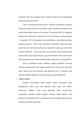 memahami dan cukup tanggap dalam menerima informasi atau pengetahuan
tentang gizi pada anak balita.
Tabel 10 menunjukan bahwa dari 81 distribusi pengetahuan responden
tentang gizi pada anak balita berdasarkan tingkat pemahaman sebagian besar
berada pada kategori cukup yaitu sebanyak 38 responden (46,9%), sedangkan
kategori baik sebanyak 26 responden (32,1%) dan kategori kurang sebanyak
17 responden (21%). Berdasarkan studi pendahuluan yang dilakukan bahwa
petugas puskesmas Waara telah melakukan penyuluhan tentang gizi pada
anak balita dan seharusnya pemahaman masyarakat tentang gizi anak balita
semakin bertambah. Akan tetapi dari hasil penelitian yang dilakukan oleh
peneliti tidak sesuai dengan harapan yang telah dilakukan oleh penelti karena
data pengetahuan yang terbanyak pada kategori cukup yaitu 38 orang (46,9%).
Hal ini disebabkan karena rendahnya tingkat pendidikan seseorang
sehingga mempengaruhi pula tingkat pemhaman ibu tentang gizi pada anak
balita. dimana dari hasil penelitian yang diperoleh dari 81 responden yang
memiliki tingkat pendidikan rendah yang tinggi yaitu pendidikan SD.
3. Tingkat Aplikasi
Menurut Notoatmodjo (2007) aplikasi adalah kemampuan untuk
menggunakan materi yang telah dipelajari pada situasi atau kondisi
sebenarnya. Indikator ketiga yang digunakan dalam mengevaluasi
pengetahuan responden adalah mengukur indikator tingkat aplikasi. Pada
keadaan ini menunjukan bahwa kemampuan ibu pada tingkat aplikasi tentang
gizi pada anak balita cukup baik.
 
