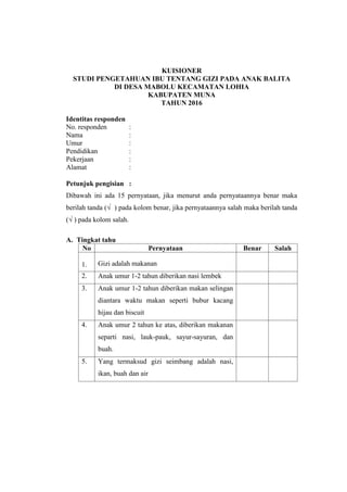 KUISIONER
STUDI PENGETAHUAN IBU TENTANG GIZI PADA ANAK BALITA
DI DESA MABOLU KECAMATAN LOHIA
KABUPATEN MUNA
TAHUN 2016
Identitas responden
No. responden :
Nama :
Umur :
Pendidikan :
Pekerjaan :
Alamat :
Petunjuk pengisian :
Dibawah ini ada 15 pernyataan, jika menurut anda pernyataannya benar maka
berilah tanda (√ ) pada kolom benar, jika pernyataannya salah maka berilah tanda
(√ ) pada kolom salah.
A. Tingkat tahu
No Pernyataan Benar Salah
1. Gizi adalah makanan
2. Anak umur 1-2 tahun diberikan nasi lembek
3. Anak umur 1-2 tahun diberikan makan selingan
diantara waktu makan seperti bubur kacang
hijau dan biscuit
4. Anak umur 2 tahun ke atas, diberikan makanan
separti nasi, lauk-pauk, sayur-sayuran, dan
buah.
5. Yang termaksud gizi seimbang adalah nasi,
ikan, buah dan air
 