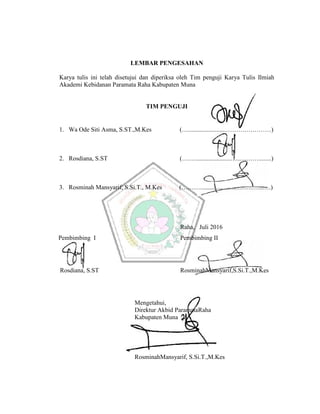 LEMBAR PENGESAHAN
Karya tulis ini telah disetujui dan diperiksa oleh Tim penguji Karya Tulis Ilmiah
Akademi Kebidanan Paramata Raha Kabupaten Muna
TIM PENGUJI
1. Wa Ode Siti Asma, S.ST.,M.Kes (…........................……….…………)
2. Rosdiana, S.ST (….…......................…..………........)
3. Rosminah Mansyarif, S.Si.T., M.Kes (………........................…….…...….)
Pembimbing I
Rosdiana, S.ST
Raha, Juli 2016
Pembimbing II
RosminahMansyarif,S.Si.T.,M.Kes
Mengetahui,
Direktur Akbid ParamataRaha
Kabupaten Muna
RosminahMansyarif, S.Si.T.,M.Kes
LEMBAR PENGESAHAN
Karya tulis ini telah disetujui dan diperiksa oleh Tim penguji Karya Tulis Ilmiah
Akademi Kebidanan Paramata Raha Kabupaten Muna
TIM PENGUJI
1. Wa Ode Siti Asma, S.ST.,M.Kes (…........................……….…………)
2. Rosdiana, S.ST (….…......................…..………........)
3. Rosminah Mansyarif, S.Si.T., M.Kes (………........................…….…...….)
Pembimbing I
Rosdiana, S.ST
Raha, Juli 2016
Pembimbing II
RosminahMansyarif,S.Si.T.,M.Kes
Mengetahui,
Direktur Akbid ParamataRaha
Kabupaten Muna
RosminahMansyarif, S.Si.T.,M.Kes
LEMBAR PENGESAHAN
Karya tulis ini telah disetujui dan diperiksa oleh Tim penguji Karya Tulis Ilmiah
Akademi Kebidanan Paramata Raha Kabupaten Muna
TIM PENGUJI
1. Wa Ode Siti Asma, S.ST.,M.Kes (…........................……….…………)
2. Rosdiana, S.ST (….…......................…..………........)
3. Rosminah Mansyarif, S.Si.T., M.Kes (………........................…….…...….)
Pembimbing I
Rosdiana, S.ST
Raha, Juli 2016
Pembimbing II
RosminahMansyarif,S.Si.T.,M.Kes
Mengetahui,
Direktur Akbid ParamataRaha
Kabupaten Muna
RosminahMansyarif, S.Si.T.,M.Kes
 