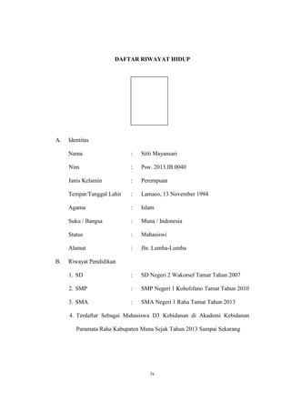 iv
DAFTAR RIWAYAT HIDUP
A.
B.
Identitas
Nama
Nim
Janis Kelamin
Tempat/Tanggal Lahir
Agama
Suku / Bangsa
Status
Alamat
Riwayat Pendidikan
1. SD
2. SMP
3. SMA
:
:
:
:
:
:
:
:
:
:
:
Sitti Mayansari
Psw. 2013.IB.0040
Perempuan
Lamaeo, 13 November 1994
Islam
Muna / Indonesia
Mahasiswi
Jln. Lumba-Lumba
SD Negeri 2 Wakorsel Tamat Tahun 2007
SMP Negeri 1 Koholifano Tamat Tahun 2010
SMA Negeri 1 Raha Tamat Tahun 2013
4. Terdaftar Sebagai Mahasiswa D3 Kebidanan di Akademi Kebidanan
Paramata Raha Kabupaten Muna Sejak Tahun 2013 Sampai Sekarang
 
