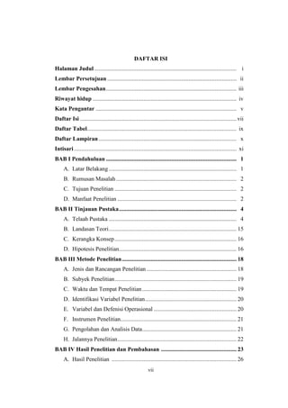 vii
DAFTAR ISI
Halaman Judul .................................................................................................. i
Lembar Persetujuan ......................................................................................... ii
Lembar Pengesahan.......................................................................................... iii
Riwayat hidup ................................................................................................... iv
Kata Pengantar ................................................................................................. v
Daftar Isi ............................................................................................................vii
Daftar Tabel....................................................................................................... ix
Daftar Lampiran............................................................................................... x
Intisari................................................................................................................ xi
BAB I Pendahuluan .......................................................................................... 1
A. Latar Belakang ........................................................................................ 1
B. Rumusan Masalah................................................................................... 2
C. Tujuan Penelitian .................................................................................... 2
D. Manfaat Penelitian .................................................................................. 2
BAB II Tinjauan Pustaka................................................................................. 4
A. Telaah Pustaka ........................................................................................ 4
B. Landasan Teori........................................................................................ 15
C. Kerangka Konsep.................................................................................... 16
D. Hipotesis Penelitian................................................................................. 16
BAB III Metode Penelitian............................................................................... 18
A. Jenis dan Rancangan Penelitian .............................................................. 18
B. Subyek Penelitian.................................................................................... 19
C. Waktu dan Tempat Penelitian................................................................. 19
D. Identifikasi Variabel Penelitian............................................................... 20
E. Variabel dan Defenisi Operasional ......................................................... 20
F. Instrumen Penelitian................................................................................ 21
G. Pengolahan dan Analisis Data................................................................. 21
H. Jalannya Penelitian.................................................................................. 22
BAB IV Hasil Penelitian dan Pembahasan .................................................... 23
A. Hasil Penelitian ...................................................................................... 26
 