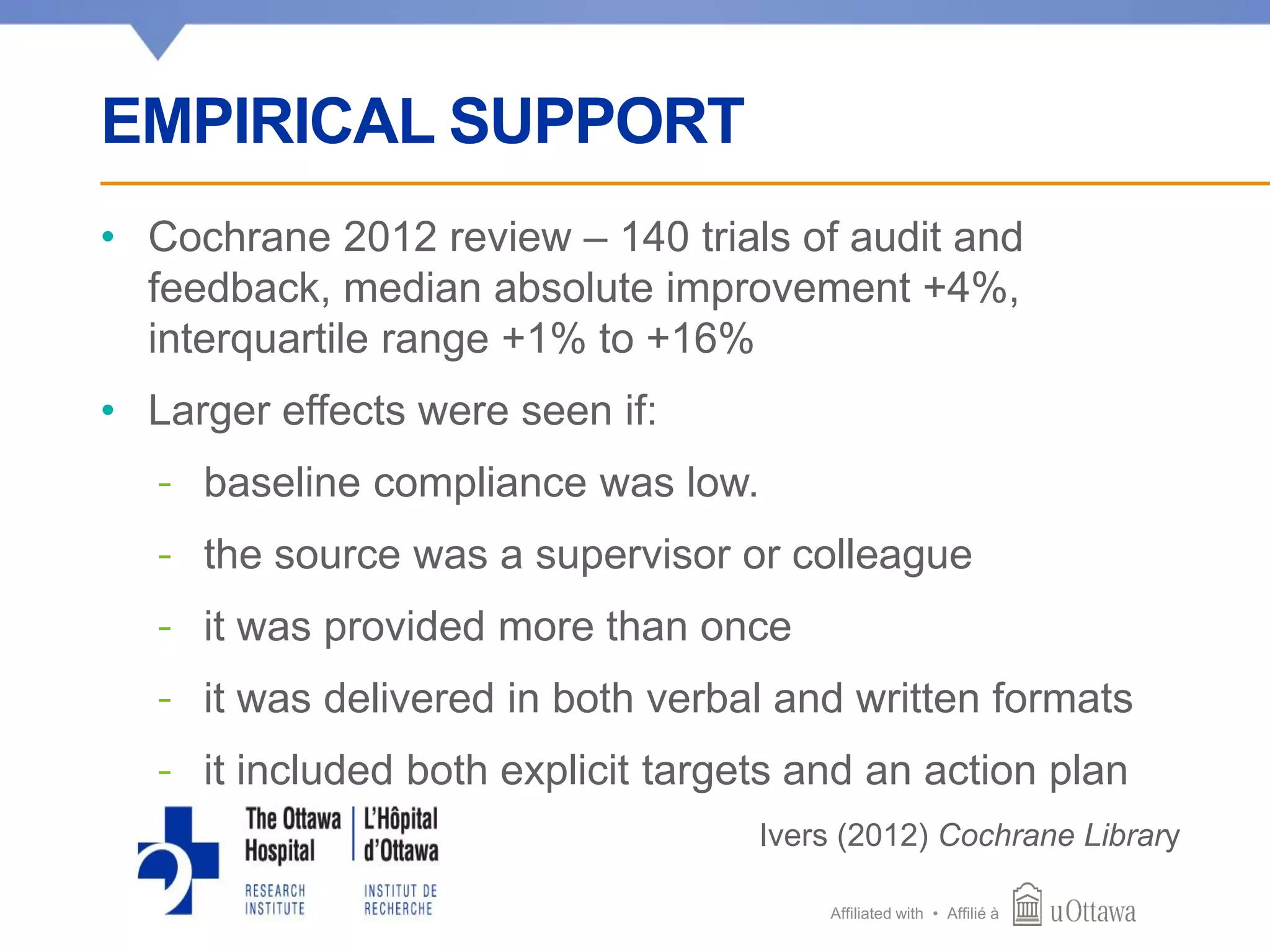 Affiliated with • Affilié à
• Cochrane 2012 review – 140 trials of audit and
feedback, median absolute improvement +4%,
interquartile range +1% to +16%
• Larger effects were seen if:
- baseline compliance was low.
- the source was a supervisor or colleague
- it was provided more than once
- it was delivered in both verbal and written formats
- it included both explicit targets and an action plan
Ivers (2012) Cochrane Library
EMPIRICAL SUPPORT
 