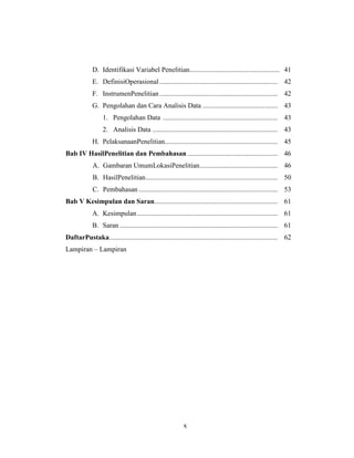 x
D. Identifikasi Variabel Penelitian.................................................... 41
E. DefinisiOperasional .................................................................... 42
F. InstrumenPenelitian .................................................................... 42
G. Pengolahan dan Cara Analisis Data ........................................... 43
1. Pengolahan Data .................................................................. 43
2. Analisis Data ........................................................................ 43
H. PelaksanaanPenelitian................................................................. 45
Bab IV HasilPenelitian dan Pembahasan .................................................... 46
A. Gambaran UmumLokasiPenelitian............................................. 46
B. HasilPenelitian............................................................................ 50
C. Pembahasan ................................................................................ 53
Bab V Kesimpulan dan Saran....................................................................... 61
A. Kesimpulan................................................................................. 61
B. Saran ........................................................................................... 61
DaftarPustaka................................................................................................. 62
Lampiran – Lampiran
 