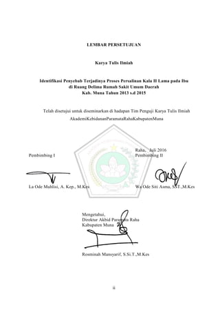 LEMBAR PERSETUJUAN
Karya Tulis Ilmiah
Identifikasi Penyebab Terjadinya Proses Persalinan Kala II Lama pada Ibu
di Ruang Delima Rumah Sakit Umum Daerah
Kab. Muna Tahun 2013 s.d 2015
Telah disetujui untuk diseminarkan di hadapan Tim Penguji Karya Tulis Ilmiah
AkademiKebidananParamataRahaKabupatenMuna
Raha, Juli 2016
Pembimbing I Pembimbing II
La Ode Muhlisi, A. Kep., M.Kes Wa Ode Siti Asma, SST.,M.Kes
Mengetahui,
Direktur Akbid Paramata Raha
Kabupaten Muna
Rosminah Mansyarif, S.Si.T.,M.Kes
 