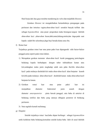 16
Hasil kerja dari dua gaya tersebut mendorong ke vulva dan terjadilah Ekstensi.
Gerakan Ekstensi ini mengakibatkan bertambahnya penegangan pada
perineum dan intruitus vagina.ubun-ubun kecil semakin banyak terlihat dan
sebagai hypomochlion atau pusat pergerakan maka berangsur-angsur lahirlah
ubun-ubun keci ,ubun-ubun besar,dahi,mata,hidung,mulut,dan dagu.pada saat
kepala sudah lhir seluruhnya,dagu bayi berada diatas anus ibu.
f) Rotasi luar
Terjadinya gerakan rotasi luar atau putar paksi luar dipengaruhi oleh factor-fackor
panggul,sama seperti pada rotasi dalam.
1) Merupakan gerakan memutar ubun-ubun kecil kerah pungggung janin,bagian
belakang kepala berhadapan dengan tuber iskhiadikum kanan atau
kiri,sedangkan muka janin meghadap salah satu paha ibu.bila ubun-ubun
kecil pada mulanya disebelah kiri maka ubun-ubun kecil akan berputar kearah
kiri,bila pada mulanya ubun-ubun kecil disebelah kanan maka ubun-ubun kecil
berputar ke kanan.
2) Gerakan rotasi luar atau putar paksi luar ini
menjadikan diameter biakromial janin searah dengan
diameter anteroposterior pintu bawah panggul, satu bahu di anterior di
belakang simfisis dan bahu yang satunya dibagian posterior di belakang
perineum.
3) Suta sagitalis kemali melintang
g) Ekspulsi
Setelah terjadinya rotasi luar,bahu depan berfungsi sebagai hypomochlion
untik kelahiran bahu belakang.kemudian setelah kedua bahu lahir di susul lahirlah
 