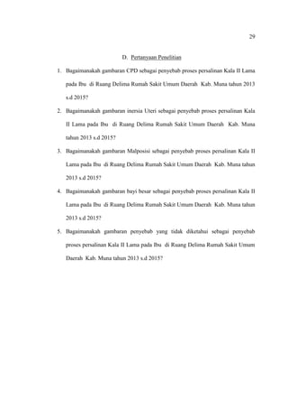 29
D. Pertanyaan Penelitian
1. Bagaimanakah gambaran CPD sebagai penyebab proses persalinan Kala II Lama
pada Ibu di Ruang Delima Rumah Sakit Umum Daerah Kab. Muna tahun 2013
s.d 2015?
2. Bagaimanakah gambaran inersia Uteri sebagai penyebab proses persalinan Kala
II Lama pada Ibu di Ruang Delima Rumah Sakit Umum Daerah Kab. Muna
tahun 2013 s.d 2015?
3. Bagaimanakah gambaran Malposisi sebagai penyebab proses persalinan Kala II
Lama pada Ibu di Ruang Delima Rumah Sakit Umum Daerah Kab. Muna tahun
2013 s.d 2015?
4. Bagaimanakah gambaran bayi besar sebagai penyebab proses persalinan Kala II
Lama pada Ibu di Ruang Delima Rumah Sakit Umum Daerah Kab. Muna tahun
2013 s.d 2015?
5. Bagaimanakah gambaran penyebab yang tidak diketahui sebagai penyebab
proses persalinan Kala II Lama pada Ibu di Ruang Delima Rumah Sakit Umum
Daerah Kab. Muna tahun 2013 s.d 2015?
 