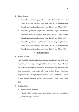 6
2. Tujuan Khusus
a. Mengetahui gambaran pengetahuan berdasarkan tingkat tahu ibu
tentang Pemberian Imunisasi Dasar pada Bayi 0 – 11 bulan di Desa
Waara Kecamatan Lohia Kabupaten Muna Periode Juni Tahun 2016
b. Mengetahui gambaran pengetahuan berdasarkan tingkat pemahaman
ibu tentang Pemberian Imunisasi Dasar pada Bayi 0 – 11 bulan di Desa
Waara Kecamatan Lohia Kabupaten Muna Periode Juni Tahun 2016
c. Mengetahui gambaran pengetahuan berdasarkan tingkat aplikasi ibu
tentang Pemberian Imunisasi Dasar pada Bayi 0 – 11 bulan di Desa
Waara Kecamatan Lohia Kabupaten Muna Periode Juni Tahun 2016
D. Manfaat Penelitian
1. Manfaat Teoretis
Hasil penelitian ini diharapkan dapat memperkaya konsep atau teori yang
menyokong perkembangan ilmu pengetahuan khusus serta sebagai referensi
bagi peneliti selanjutnya dan sumbangan pengembangan dan penyempurnaan
ilmu pengetahuan yang sudah ada yang terkait dengan Gambaran
Pengetahuan Ibu Tentang Pemberian imunisasi dasar pada bayi 0-11 bulan
di desa Waara Kecamatan Lohia Kabupaten Muna Periode Juni Tahun
2016
2. Manfaat Praktis
a. Bagi Puskesmas Wapunto.
Sebagai bahan masukan dalam peningkatan mutu dan peningkatan
jumlah kunjungan imunisasi.
 