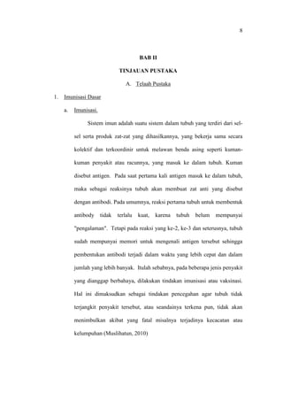 8
BAB II
TINJAUAN PUSTAKA
A. Telaah Pustaka
1. Imunisasi Dasar
a. Imunisasi.
Sistem imun adalah suatu sistem dalam tubuh yang terdiri dari sel-
sel serta produk zat-zat yang dihasilkannya, yang bekerja sama secara
kolektif dan terkoordinir untuk melawan benda asing seperti kuman-
kuman penyakit atau racunnya, yang masuk ke dalam tubuh. Kuman
disebut antigen. Pada saat pertama kali antigen masuk ke dalam tubuh,
maka sebagai reaksinya tubuh akan membuat zat anti yang disebut
dengan antibodi. Pada umumnya, reaksi pertama tubuh untuk membentuk
antibody tidak terlalu kuat, karena tubuh belum mempunyai
"pengalaman". Tetapi pada reaksi yang ke-2, ke-3 dan seterusnya, tubuh
sudah mempunyai memori untuk mengenali antigen tersebut sehingga
pembentukan antibodi terjadi dalam waktu yang lebih cepat dan dalam
jumlah yang lebih banyak. Itulah sebabnya, pada beberapa jenis penyakit
yang dianggap berbahaya, dilakukan tindakan imunisasi atau vaksinasi.
Hal ini dimaksudkan sebagai tindakan pencegahan agar tubuh tidak
terjangkit penyakit tersebut, atau seandainya terkena pun, tidak akan
menimbulkan akibat yang fatal misalnya terjadinya kecacatan atau
kelumpuhan (Muslihatun, 2010)
 