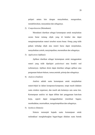 20
pelajari antara lain dengan menyebutkan, menguraikan,
mendefenisikan, menyatakan dan sebagainya.
2) Comprehension (Memahami)
Memahami diartikan sebagai kemampuan untuk menjelaskan
secara benar tentang objek yang di ketahui dan dapat
menginterpretaskan materi tersebut secara benar. Orang yang telah
paham terhadap objek atau materi harus dapat menjelaskan,
menyebutkan contoh, menyimpulkan, meramalkan dan sebagainya.
3) Application (Aplikasi)
Aplikasi diartikan sebagai kemampuan untuk menggunakan
materi yang telah dipelajari padasituasi atau kondisi real
(sebenarnya). Aplikasi disini dapat diartikan sebagai aplikasi atau
pengunaan hukum-hukum, rumus,metode, prinsip dan sebagainya.
4) Analysis (Analisis)
Analisis adalah suatu kemampuan untuk menjabarkan
materi/objek ke dalam komponen-komponen, tetapi masih didalam
suatu struktur organisasi, dan masih ada kaitannya satu sama lain.
Kemampuan analisis ini dapat dilihat dari penggunaan kata-kata
kerja, seperti dapat menggambarkan (membuat bagan),
membedakan, memisahkan, mengelompokkan dan sebagainya.
5) Synthesis (Sintesis)
Sintesis menunjuk kepada suatu kemampuan untuk
meletakkan/ menghubungkan bagan-bagan didalam suatu bentuk
 