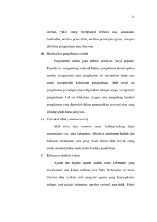 23
otoritas, yakni orang mempunyai wibawa atau kekuasaan,
baiktradisi, otoritas pemerintah, otoritas pemimpin agama, maupun
ahli ilmu pengetahuan atau ilmuwan.
d) Berdasarkan pengalaman sendiri
Pengalaman adalah guru terbaik demikian bunyi pepatah.
Pepatah ini mengandung maksud bahwa pengalaman itumerupakan
sumber pengetahuan atau pengalaman itu merupakan suatu cara
untuk memperoleh kebenaran pengetahuan. Oleh sebab itu
pengalaman pribadipun dapat digunakan sebagai upaya memperoleh
pengetahuan. Hal ini dilakukan dengan cara mengulang kembali
pengalaman yang diperoleh dalam memecahkan permasalahan yang
dihadapi pada masa yang lalu.
e) Cara akal sehat ( common sense)
Akal sehat atau common sense kadang-kadang dapat
menemukan teori atau kebenaran. Misalnya pemberian hadiah dan
hukuman merupakan cara yang masih dianut oleh banyak orang
untuk mendisiplinkan anak dalam konteks pendidikan.
f) Kebenaran melalui wahyu
Ajaran dan dogma agama adalah suatu kebenaran yang
diwahyukan dari Tuhan melalui para Nabi. Kebenaran ini harus
diterima dan diyakini oleh pengikut agama yang bersangkutan,
terlepas dari apakah kebenaran tersebut rasional atau tidak. Sebab
 