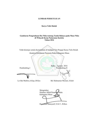 LEMBAR PERSETUJUAN
Karya Tulis Ilmiah
Gambaran Pengetahuan Ibu Nifas tentang Tanda Bahaya pada Masa Nifas
di Wilayah Kerja Puskesmas Katobu
Tahun 2016
Telah disetujui untuk diseminarkan di hadapan Tim Penguji Karya Tulis Ilmiah
Akademi Kebidanan Paramata Raha Kabupaten Muna
Raha, Agustus 2016
Pembimbing I Pembimbing II
La Ode Muhlisi,A.Kep.,M.Kes Bd. Rahmaniar Meirani, S.Keb
Mengetahui,
Direktur Akbid Paramata Raha
Kabupaten Muna
Rosminah Mansyarif, S.Si.T., M.Kes
 