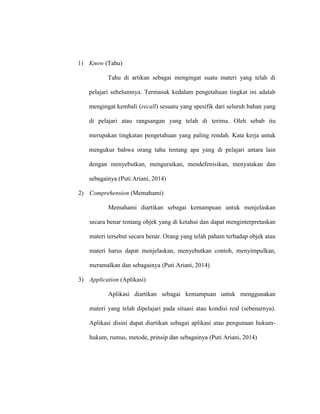 1) Know (Tahu)
Tahu di artikan sebagai mengingat suatu materi yang telah di
pelajari sebelumnya. Termasuk kedalam pengetahuan tingkat ini adalah
mengingat kembali (recall) sesuatu yang spesifik dari seluruh bahan yang
di pelajari atau rangsangan yang telah di terima. Oleh sebab itu
merupakan tingkatan pengetahuan yang paling rendah. Kata kerja untuk
mengukur bahwa orang tahu tentang apa yang di pelajari antara lain
dengan menyebutkan, menguraikan, mendefenisikan, menyatakan dan
sebagainya (Puti Ariani, 2014)
2) Comprehension (Memahami)
Memahami diartikan sebagai kemampuan untuk menjelaskan
secara benar tentang objek yang di ketahui dan dapat menginterpretaskan
materi tersebut secara benar. Orang yang telah paham terhadap objek atau
materi harus dapat menjelaskan, menyebutkan contoh, menyimpulkan,
meramalkan dan sebagainya (Puti Ariani, 2014)
3) Application (Aplikasi)
Aplikasi diartikan sebagai kemampuan untuk menggunakan
materi yang telah dipelajari pada situasi atau kondisi real (sebenarnya).
Aplikasi disini dapat diartikan sebagai aplikasi atau pengunaan hukum-
hukum, rumus, metode, prinsip dan sebagainya (Puti Ariani, 2014)
 