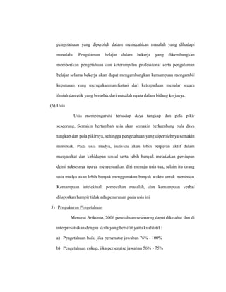 pengetahuan yang diperoleh dalam memecahkan masalah yang dihadapi
masalalu. Pengalaman belajar dalam bekerja yang dikembangkan
memberikan pengetahuan dan keterampilan professional serta pengalaman
belajar selama bekerja akan dapat mengembangkan kemampuan mengambil
keputusan yang merupakanmanifestasi dari keterpaduan menalar secara
ilmiah dan etik yang bertolak dari masalah nyata dalam bidang kerjanya.
(6) Usia
Usia mempengaruhi terhadap daya tangkap dan pola pikir
seseorang. Semakin bertambah usia akan semakin berkembang pula daya
tangkap dan pola pikirnya, sehingga pengetahuan yang diperolehnya semakin
membaik. Pada usia madya, individu akan lebih berperan aktif dalam
masyarakat dan kehidupan sosial serta lebih banyak melakukan persiapan
demi suksesnya upaya menyesuaikan diri menuju usia tua, selain itu orang
usia madya akan lebih banyak menggunakan banyak waktu untuk membaca.
Kemampuan intelektual, pemecahan masalah, dan kemampuan verbal
dilaporkan hampir tidak ada penurunan pada usia ini
3) Pengukuran Pengetahuan
Menurut Arikunto, 2006 penetahuan seseoarng dapat diketahui dan di
interpresatsikan dengan skala yang bersifat yaitu kualitatif :
a) Pengetahuan baik, jika persenatse jawaban 76% - 100%
b) Pengetahuan cukup, jika persenatse jawaban 56% - 75%
 