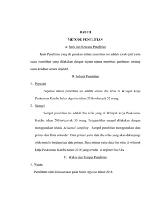 BAB III
METODE PENELITIAN
A. Jenis dan Rencana Penelitian
Jenis Penelitian yang di gunakan dalam penelitian ini adalah Deskriptif yaitu
suatu penelitian yang dilakukan dengan tujuan utama membuat gambaran tentang
suatu keadaan secara objektif.
B. Subyek Penelitian
1. Populasi
Populasi dalam penelitian ini adalah semua ibu nifas di Wilayah kerja
Puskesmas Katobu bulan Agustus tahun 2016 sebanyak 52 orang.
2. Sampel
Sampel penelitian ini adalah Ibu nifas yang di Wilayah kerja Puskesmas
Katobu tahun 2016sebanyak 30 orang. Pengambilan sampel dilakukan dengan
menggunakan teknik Acidental sampling . Sampel penelitian menggunakan data
primer dan Data sekunder. Data primer yaitu data ibu nifas yang akan dikunjungi
oleh penulis berdasarkan data primer. Data primer yaitu data ibu nifas di wilayah
kerja Puskesmas Katobu tahun 2016 yang tertulis di register ibu KIA
C. Waktu dan Tempat Penelitian
1. Waktu
Penelitian telah dilaksanakan pada bulan Agustus tahun 2016
 
