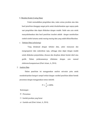 b. Memberi Kode (Coding Data)
Untuk memudahkan pengolahan data, maka semua jawaban atau data
hasil penelitian dianggap sangat perlu untuk disederhanakan agar supaya pada
saat pengolahan data dapat dilakukan dengan mudah. Salah satu cara untuk
menyederhanakan data hasil penelitian tersebut adalah dengan memberikan
simbol-simbol tertentu untuk masing-masing data yang sudah diklasifikasikan.
c. Tabulasi Data (tabulating)
Yang dimaksud dengan tabulasi data, yakni menyusun dan
mengorganisir data sedemikian rupa, sehingga akan dapat dengan mudah
untuk dilakukan penjumlahan, disusun dan disajikan dalam bentuk tabel atau
grafik. Dalam pelaksanaannya dilakukan dengan cara manual
elektronis/komputerisasi (Putri Ariani, A, 2014)
2. Analisis Data
Dalam penelitian ini menggunakan analisis univariat yaitu untuk
mendeskripsikan kategori sampel terkait dengan variabel penelitian dalam bentuk
presentase dengan menggunakan rumus statistik:
P =
f
n
x 100%
Keterangan :
P = Persentase
f = Jumlah jawaban yang benar
n = Jumlah soal (Putri Ariani, A, 2014)
 