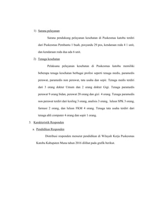 1) Sarana pelayanan
Sarana pendukung pelayanan kesehatan di Puskesmas katobu terdiri
dari Puskesmas Pembantu 1 buah, posyandu 29 pos, kendaraan roda 4 1 unit,
dan kendaraan roda dua ada 6 unit.
2) Tenaga kesehatan
Pelaksana pelayanan kesehatan di Puskesmas katobu memiliki
beberapa tenaga kesehatan berbagai profesi seperti tenaga medis, paramedis
perawat, paramedis non perawat, tata usaha dan sopir. Tenaga medis terdiri
dari 3 orang dokter Umum dan 2 orang dokter Gigi. Tenaga paramedis
perawat 9 orang bidan, perawat 20 orang dan gizi 4 orang. Tenaga paramedis
non perawat terdiri dari kesling 3 orang, analisis 3 orang, lulusn SPK 3 orang,
farmasi 2 orang, dan lulusn FKM 4 orang. Tenaga tata usaha terdiri dari
tenaga ahli computer 4 orang dan sopir 1 orang.
3. Karakteristik Responden
a. Pendidikan Responden
Distribusi responden menurut pendidikan di Wilayah Kerja Puskesmas
Katobu Kabupaten Muna tahun 2016 dilihat pada grafik berikut.
 