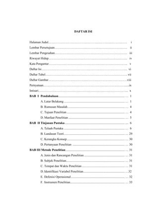DAFTAR ISI
Halaman Judul…………………………………………………………………. i
Lembar Persetujuan……………………………………………………………. ii
Lembar Pengesahan……………………………………………………………. iii
Riwayat Hidup…………………………………………………………………. iv
Kata Pengantar…………………………………………………………………. v
Daftar Isi……………………………………………………………………….. vi
Daftar Tabel……………………………………………………………………. vii
Daftar Gambar………………………………………………………………….viii
Pernyataan……………………………………………………………………......ix
Intisari…………………………………………………………………………... x
BAB I Pendahuluan..................................................................................... … 1
A. Latar Belakang .............................................................................. … 1
B. Rumusan Masalah......................................................................... … 4
C. Tujuan Penelitian .......................................................................... … 4
D. Manfaat Penelitian ........................................................................ … 5
BAB II Tinjauan Pustaka............................................................................. .... 6
A. Telaah Pustaka .............................................................................. … 6
B. Landasan Teori.............................................................................. … 29
C. Kerangka Konsep.......................................................................... … 30
D. Pertanyaan Penelitian ................................................................... … 30
BAB III Metode Penelitian............................................................................ … 31
A. Jenis dan Rancangan Penelitian .................................................... … 31
B. Subjek Penelitian........................................................................... … 31
C. Tempat dan Waktu Penelitian....................................................... … 31
D. Identifikasi Variabel Penelitian..................................................... …32
E. Defenisi Operasional..................................................................... … 32
F. Instrumen Penelitian...................................................................... … 33
 