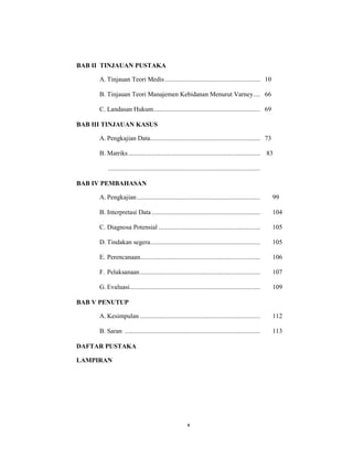 11
BAB II TINJAUAN PUSTAKA
A. Tinjauan Teori Medis ........................................................ 10
B. Tinjauan Teori Manajemen Kebidanan Menurut Varney.... 66
C. Landasan Hukum............................................................... 69
BAB III TINJAUAN KASUS
A. Pengkajian Data................................................................. 73
B. Matriks.............................................................................. 83
..........................................................................................
BAB IV PEMBAHASAN
A. Pengkajian......................................................................... 99
B. Interpretasi Data ................................................................ 104
C. Diagnosa Potensial ............................................................ 105
D. Tindakan segera................................................................. 105
E. Perencanaan....................................................................... 106
F. Pelaksanaan....................................................................... 107
G. Evaluasi............................................................................. 109
BAB V PENUTUP
A. Kesimpulan ....................................................................... 112
B. Saran ................................................................................ 113
DAFTAR PUSTAKA
LAMPIRAN
x
 