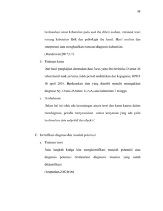 98
berdasarkan umur kehamilan pada saat ibu diberi asuhan, termasuk teori
tentang kebutuhan fisik dan psikologis ibu hamil. Hasil analisis dan
interpretasi data menghasilkan rumusan diagnosis kehamilan.
(Mandriwati,2007;h.7)
b. Tinjauan kasus
Dari hasil pengkajian ditemukan data focus yaitu ibu berinisial D umur 26
tahun hamil anak pertama, tidak pernah melahirkan dan keguguran, HPHT
16 april 2016. Berdasarkan data yang diambil menulis menegakkan
diagnose Ny. D usia 26 tahun G1P0A0 usia kehamilan 7 minggu.
c. Pembahasan
Dalam hal ini tidak ada kesenjangan antara teori dan kasus karena dalam
mendiagnosa, penulis menyesuaikan antara kenyataan yang ada yaitu
berdasarkan data subjektif dan objektif.
C. Identifikasi diagnosa dan masalah potensial
a. Tinjauan teori
Pada langkah ketiga kita mengidentifikasi masalah potensial atau
diagnosis potensial berdasarkan diagnosis/ masalah yang sudah
diidentifikasi.
(Soepardan,2007;h.96)
 