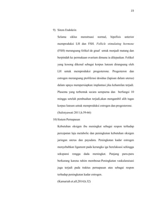 23
9) Sitem Endokrin
Selama siklus menstruasi normal, hipofisis anterior
memproduksi LH dan FSH. Follicle stimulating hormone
(FSH) merangsang folikel de graaf untuk menjadi matang dan
berpindah ke permukaan ovarium dimana ia dilepaskan. Folikel
yang kosong dikenal sebagai korpus luteum dirangsang oleh
LH untuk memproduksi progesterone. Progesteron dan
estrogen merangsang ptoliferasi desidua (lapisan dalam uterus)
dalam upaya mempersiapkan implantasi jika kehamilan terjadi.
Plasenta yang terbentuk secara sempurna dan berfungsi 10
minggu setelah pembuahan terjadi,akan mengambil alih tugas
korpus luteum untuk memproduksi estrogen dan progesterone.
(Sulistyawati 2011;h.59-66)
10) Sistem Pernapasan
Kebutuhan oksigen ibu meningkat sebagai respon terhadap
percepatan laju metabolic dan peningkatan kebutuhan oksigen
jaringan uterus dan payudara. Peningkatan kadar estrogen
menyebabkan ligament pada kerangka iga berelaksasi sehingga
sekspansi rongga dada meningkat. Panjang paru-paru
berkurang karena rahim membesar.Peningkatan vaskularaisasi
juga terjadi pada traktus pernapasan atas sebagai respon
terhadap peningkatan kadar estrogen.
(Kamariah et.all,2014;h.32)
 