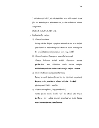 58
3 kali dalam periode 3 jam. Gerakan bayi akan lebih mudah terasa
jika ibu berbaring atau beristirahat dan jika ibu makan dan minum
dengan baik.
(Rukiyah et.all,2013h. 126-127)
g. Perdarahan Pervaginan
1) Abortus Imminens
Sering disebut dengan keguguran membakat dan akan terjadi
jika ditemukan perdarahan pada kehamilan muda, namun pada
tes kehamilan masih menunjukan hasil yang positif.
2) Abortus Insipiens (Keguguran sedang berlangsung)
Abortus insipiens terjadi apabila ditemukan adanya
perdarahan pada kehamilan muda disertai dengan
membukanya ostium uteri dan terabanya selaput ketuban.
3) Abortus habitualis (Keguguran berulang)
Pasien termasuk dalam abortus tipe ini jika telah mengalami
keguguran berturut-turut selama lebih dari tiga kali.
(Sulistyawati,2013;h,163-165)
4) Abortus Inkompletus (Keguguran bersisa)
Tanda pasien dalam abortus tipe ini adalah jika terjadi
perdaran per vagina disertai pengeluaran janin tanpa
pengeluaran desisua atau plasenta.
 