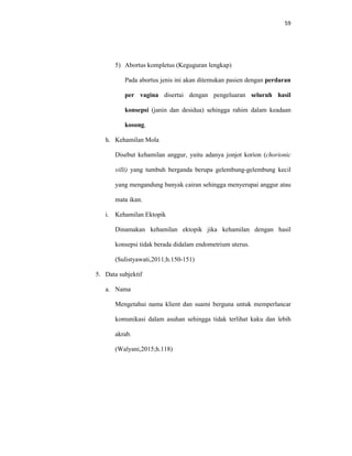 59
5) Abortus kompletus (Keguguran lengkap)
Pada abortus jenis ini akan ditemukan pasien dengan perdaran
per vagina disertai dengan pengeluaran seluruh hasil
konsepsi (janin dan desidua) sehingga rahim dalam keadaan
kosong.
h. Kehamilan Mola
Disebut kehamilan anggur, yaitu adanya jonjot korion (chorionic
villi) yang tumbuh berganda berupa gelembung-gelembung kecil
yang mengandung banyak cairan sehingga menyerupai anggur atau
mata ikan.
i. Kehamilan Ektopik
Dinamakan kehamilan ektopik jika kehamilan dengan hasil
konsepsi tidak berada didalam endometrium uterus.
(Sulistyawati,2011;h.150-151)
5. Data subjektif
a. Nama
Mengetahui nama klient dan suami berguna untuk memperlancar
komunikasi dalam asuhan sehingga tidak terlihat kaku dan lebih
akrab.
(Walyani,2015;h.118)
 