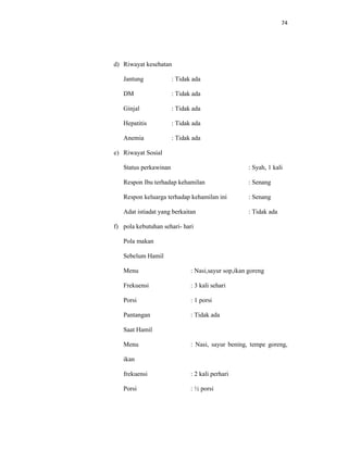 74
d) Riwayat kesehatan
Jantung : Tidak ada
DM : Tidak ada
Ginjal : Tidak ada
Hepatitis : Tidak ada
Anemia : Tidak ada
e) Riwayat Sosial
Status perkawinan : Syah, 1 kali
Respon Ibu terhadap kehamilan : Senang
Respon keluarga terhadap kehamilan ini : Senang
Adat istiadat yang berkaitan : Tidak ada
f) pola kebutuhan sehari- hari
Pola makan
Sebelum Hamil
Menu : Nasi,sayur sop,ikan goreng
Frekuensi : 3 kali sehari
Porsi : 1 porsi
Pantangan : Tidak ada
Saat Hamil
Menu : Nasi, sayur bening, tempe goreng,
ikan
frekuensi : 2 kali perhari
Porsi : ½ porsi
 