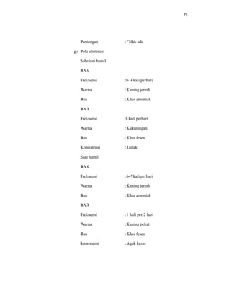 75
Pantangan : Tidak ada
g) Pola eliminasi
Sebelum hamil
BAK
Frekuensi :3- 4 kali perhari
Warna : Kuning jernih
Bau : Khas amoniak
BAB
Frekuensi :1 kali perhari
Warna : Kekuningan
Bau : Khas feses
Konsistensi : Lunak
Saat hamil
BAK
Frekuensi : 6-7 kali perhari
Warna : Kuning jernih
Bau : Khas amoniak
BAB
Frekuensi : 1 kali per 2 hari
Warna : Kuning pekat
Bau : Khas feses
konsistensi : Agak keras
 