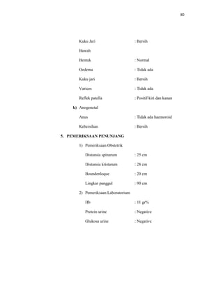 80
Kuku Jari : Bersih
Bawah
Bentuk : Normal
Oedema : Tidak ada
Kuku jari : Bersih
Varices : Tidak ada
Reflek patella : Positif kiri dan kanan
k) Anogenetal
Anus : Tidak ada haemoroid
Kebersihan : Bersih
5. PEMERIKSAAN PENUNJANG
1) Pemeriksaan Obstetrik
Distansia spinarum : 25 cm
Distansia kristarum : 28 cm
Boundenloque : 20 cm
Lingkar panggul : 90 cm
2) Pemeriksaan Laboratorium
Hb : 11 gr%
Protein urine : Negative
Glukosa urine : Negative
 