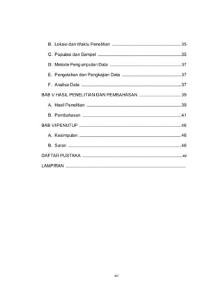 xii
B. Lokasi dan Waktu Penelitian ...............................................................35
C. Populasi dan Sampel ............................................................................35
D. Metode Pengumpulan Data .................................................................37
E. Pengolahan dan Pengkajian Data ......................................................37
F. Analisa Data ...........................................................................................37
BAB V HASIL PENELITIAN DAN PEMBAHASAN ......................................39
A. Hasil Penelitian ......................................................................................39
B. Pembahasan ..........................................................................................41
BAB VI PENUTUP .............................................................................................46
A. Kesimpulan .............................................................................................46
B. Saran .......................................................................................................46
DAFTAR PUSTAKA ...........................................................................................xv
LAMPIRAN .............................................................................................................
 