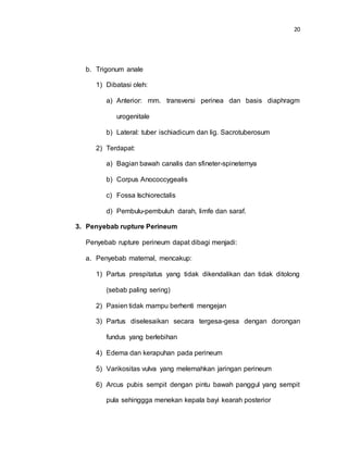20
b. Trigonum anale
1) Dibatasi oleh:
a) Anterior: mm. transversi perinea dan basis diaphragm
urogenitale
b) Lateral: tuber ischiadicum dan lig. Sacrotuberosum
2) Terdapat:
a) Bagian bawah canalis dan sfineter-spineternya
b) Corpus Anococcygealis
c) Fossa Ischiorectalis
d) Pembulu-pembuluh darah, limfe dan saraf.
3. Penyebab rupture Perineum
Penyebab rupture perineum dapat dibagi menjadi:
a. Penyebab maternal, mencakup:
1) Partus prespitatus yang tidak dikendalikan dan tidak ditolong
(sebab paling sering)
2) Pasien tidak mampu berhenti mengejan
3) Partus diselesaikan secara tergesa-gesa dengan dorongan
fundus yang berlebihan
4) Edema dan kerapuhan pada perineum
5) Varikositas vulva yang melemahkan jaringan perineum
6) Arcus pubis sempit dengan pintu bawah panggul yang sempit
pula sehinggga menekan kepala bayi kearah posterior
 