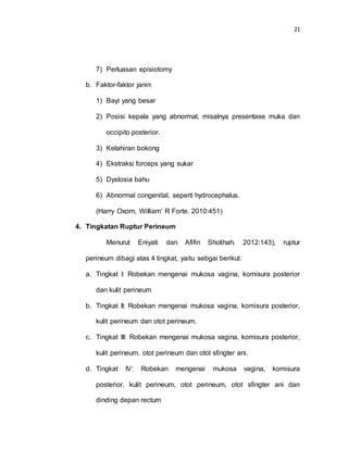 21
7) Perluasan episiotomy
b. Faktor-faktor janin:
1) Bayi yang besar
2) Posisi kepala yang abnormal, misalnya presentase muka dan
occipito posterior.
3) Kelahiran bokong
4) Ekstraksi forceps yang sukar
5) Dystosia bahu
6) Abnormal congenital, seperti hydrocephalus.
(Harry Oxorn, William’ R Forte. 2010:451)
4. Tingkatan Ruptur Perineum
Menurut Eniyati dan Afifin Sholihah. 2012:143), ruptur
perineum dibagi atas 4 tingkat, yaitu sebgai berikut:
a. Tingkat I: Robekan mengenai mukosa vagina, komisura posterior
dan kulit perineum
b. Tingkat II: Robekan mengenai mukosa vagina, komisura posterior,
kulit perineum dan otot perineum.
c. Tingkat III: Robekan mengenai mukosa vagina, komisura posterior,
kulit perineum, otot perineum dan otot sfingter ani.
d. Tingkat IV: Robekan mengenai mukosa vagina, komisura
posterior, kulit perineum, otot perineum, otot sfingter ani dan
dinding depan rectum
 
