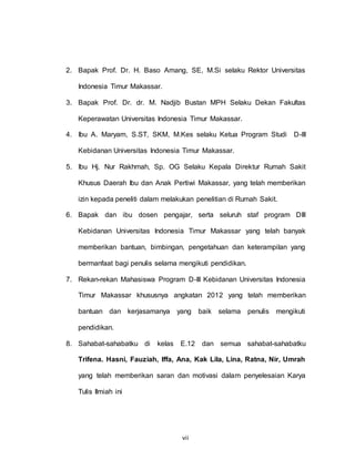 vii
2. Bapak Prof. Dr. H. Baso Amang, SE, M.Si selaku Rektor Universitas
Indonesia Timur Makassar.
3. Bapak Prof. Dr. dr. M. Nadjib Bustan MPH Selaku Dekan Fakultas
Keperawatan Universitas Indonesia Timur Makassar.
4. Ibu A. Maryam, S.ST, SKM, M.Kes selaku Ketua Program Studi D-III
Kebidanan Universitas Indonesia Timur Makassar.
5. Ibu Hj. Nur Rakhmah, Sp. OG Selaku Kepala Direktur Rumah Sakit
Khusus Daerah Ibu dan Anak Pertiwi Makassar, yang telah memberikan
izin kepada peneliti dalam melakukan penelitian di Rumah Sakit.
6. Bapak dan ibu dosen pengajar, serta seluruh staf program DIII
Kebidanan Universitas Indonesia Timur Makassar yang telah banyak
memberikan bantuan, bimbingan, pengetahuan dan keterampilan yang
bermanfaat bagi penulis selama mengikuti pendidikan.
7. Rekan-rekan Mahasiswa Program D-III Kebidanan Universitas Indonesia
Timur Makassar khususnya angkatan 2012 yang telah memberikan
bantuan dan kerjasamanya yang baik selama penulis mengikuti
pendidikan.
8. Sahabat-sahabatku di kelas E.12 dan semua sahabat-sahabatku
Trifena. Hasni, Fauziah, Iffa, Ana, Kak Lila, Lina, Ratna, Nir, Umrah
yang telah memberikan saran dan motivasi dalam penyelesaian Karya
Tulis Ilmiah ini
 