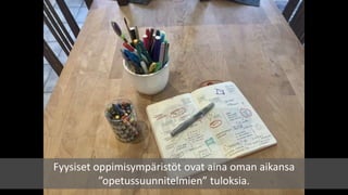Fyysiset oppimisympäristöt ovat aina oman aikansa
”opetussuunnitelmien” tuloksia.
 