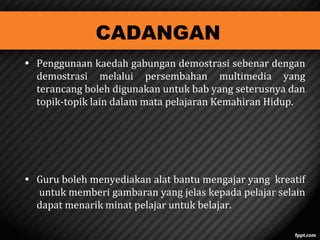 CADANGAN

? Penggunaan kaedah gabungan demostrasi sebenar dengan
demostrasi melalui persembahan multimedia yang
terancang boleh digunakan untuk bab yang seterusnya dan
topik-topik lain dalam mata pelajaran Kemahiran Hidup.
? Guru boleh menyediakan alat bantu mengajar yang kreatif
untuk memberi gambaran yang jelas kepada pelajar selain
dapat menarik minat pelajar untuk belajar.

 