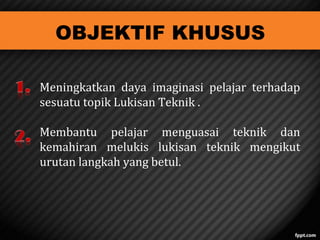 OBJEKTIF KHUSUS
Meningkatkan daya imaginasi pelajar terhadap
sesuatu topik Lukisan Teknik .

Membantu pelajar menguasai teknik dan
kemahiran melukis lukisan teknik mengikut
urutan langkah yang betul.

 