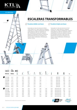 ESCALERAS TRANSFORMABLES
Escalera doble con base
Construida con tubos de aluminio de 58x25,
73x25 y 84x25 mm., según referencia, y peldaños
engastados con relieves antideslizantes. Distancia
entre peldaños de 280 mm. Tapafinales de
PVC antideslizante. Provista de 2 soportes y
bloqueo de seguridad de aluminio. Sistema de
deslizamiento de aluminio enclavado en los
largueros. Base estabilizadora. Diseñada para
soportar 150 kg.
Escalera triple con base
Construida con tubos de aluminio de 73x25
y 84x25 mm., según referencia, y peldaños
engastados con relieves antideslizantes. Distancia
entre peldaños de 280 mm. Tapafinales de PVC
antideslizante. Provista de 4 soportes y bloqueo
de seguridad de aluminio. Triple sistema de
deslizamiento de aluminio enclavado en los
largueros. Base estabilizadora. Diseñada para
soportar 150 kg.
1
23 223 009
1
2
Referencia Peldaños kg
23 123 006 6 x 2 1,93 2,95 3,95 1,40 2,84 - 0,11 0,49 / 0,42 0,75 7,6
23 123 007 7 x 2 2,21 3,49 4,49 1,59 3,10 - 0,11 0,49 / 0,42 0,85 9,1
23 223 009 9 x 2 2,77 4,57 5,57 1,99 3,64 - 0,13 0,49 / 0,42 0,95 14,0
23 223 011 11 x 2 3,33 5,65 6,65 2,38 4,17 - 0,13 0,49 / 0,42 1,05 15,6
23 823 012 12 x 2 3,61 6,19 7,19 2,59 4,44 - 0,15 0,49 / 0,42 1,05 17,4
23 823 015 15 x 2 4,45 7,81 8,81 3,17 5,24 - 0,15 0,49 / 0,42 1,25 19,2
23 923 018 18 x 2 5,29 9,17 10,17 3,75 6,03 - 0,15 0,49 / 0,42 1,25 24,8
23 231 006 6 x 3 1,93 4,03 5,03 1,40 2,84 3,87 0,18 0,49 / 0,42 / 0,35 0,95 12,2
23 231 007 7 x 3 2,21 4,84 5,84 1,59 3,10 4,39 0,18 0,49 / 0,42 / 0,35 0,95 13,7
23 231 009 * 9 x 3 2,77 6,46 7,46 1,99 3,64 5,44 0,18 0,49 / 0,42 / 0,35 1,05 16,8
23 231 011 * 11 x 3 3,33 8,09 9,09 2,38 4,17 6,50 0,18 0,49 / 0,42 / 0,35 1,25 19,5
23 931 012 * 12 x 3 3,61 8,36 9,36 2,59 4,44 6,76 0,21 0,49 / 0,42 / 0,35 1,25 25,0
23 931 015 * 15 x 3 4,45 10,25 11,25 3,17 5,24 8,08 0,21 0,49 / 0,42 / 0,35 1,25 27,8
EN 131 kg150
70º
1 2
75º 70º
SERIE INDUSTRIAL
Disponemos de una selección de accesorios y recambios. Made in Spain
10
GARANTÍA
INDUSTRIAL
10 AÑOS
E S C A L E R A S
40 / 41 CATÁLOGO GENERAL 2019-2020
 