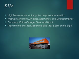 KTM


High Performance motorcycle company from Austria



Produce Mini-bikes ,Dirt Bikes, Sport Bikes, and Dual Sport Bikes



Company Colors Orange, Gray, and Black



They are the only non-Japanese bike that is part of the big 5

 