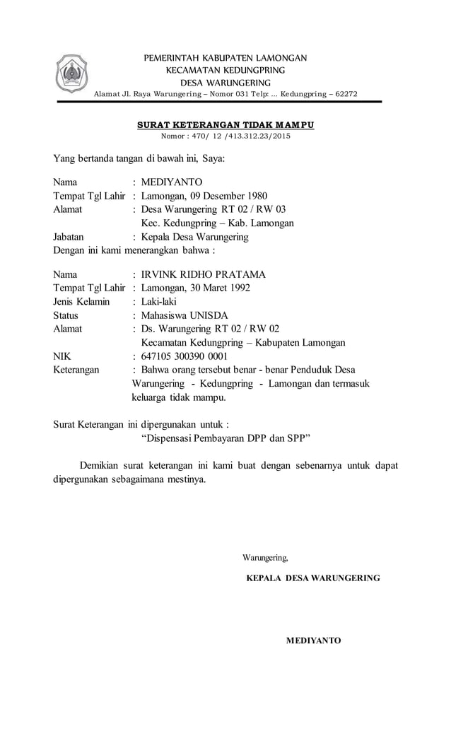 CONTOH SURAT KETERANGAN KURANG MAMPU