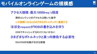 モバイルオンラインゲームの規模感 
アクセス規模：最大10000req/s程度 
静的コンテンツのアクセスは除いた数字 
この規模になるとさまざまなボトルネックに遭遇する 
ほぼ全requestがRDBの書き込みを伴う 
CDNでキャッシュするわけにもいかない 
さまざまなボトルネックと真っ向勝負する必要性 
ISUCONの知識が生きる現場 
12
 