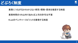 4
どぶろく制度 
業務につながるかわからない研究・開発・探求を推奨する制度 
業務時間の10%以内であれば上司の許可は不要 
KLabのベンチャースピリットを象徴する制度 
 