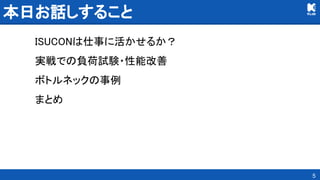 本日お話しすること 
ISUCONは仕事に活かせるか？ 
実戦での負荷試験・性能改善 
ボトルネックの事例 
まとめ 
5
 