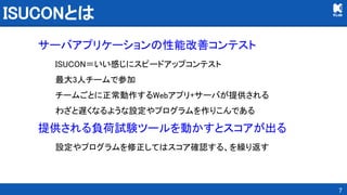 ISUCONとは 
サーバアプリケーションの性能改善コンテスト 
ISUCON＝いい感じにスピードアップコンテスト 
最大3人チームで参加 
チームごとに正常動作するWebアプリ+サーバが提供される 
わざと遅くなるような設定やプログラムを作りこんである 
提供される負荷試験ツールを動かすとスコアが出る 
設定やプログラムを修正してはスコア確認する、を繰り返す 
7
 